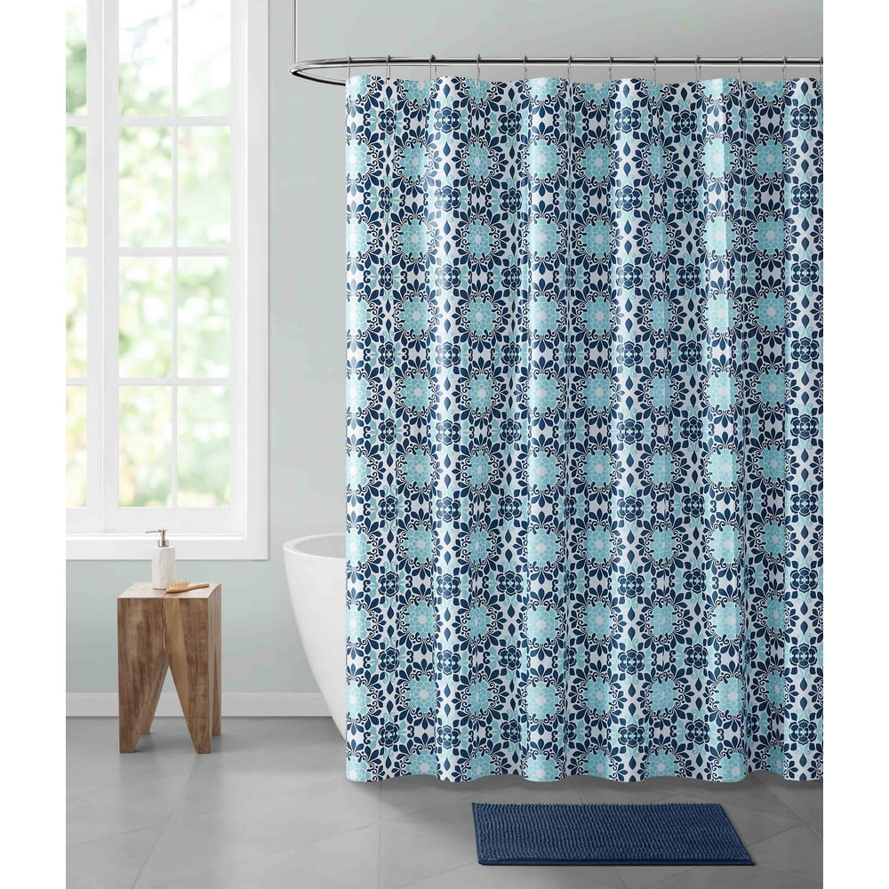 Navy Teal and White Medallion Design PEVA Shower Curtain Liner Odorless