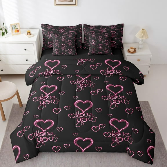 Erosebridal Love Heart Bed in a Bag Twin size, Black Pink Bedding Twin Size, Cartoon Theme Reversible Bed Set, Breathable Room Decorative, 7-Piece
