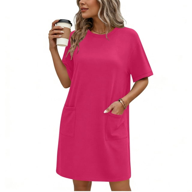 TaTaai Women's Solid Color Round Neck Short Sleeve Dress with Pockets Casual Fashion Comfortable Stretchy Fabric Midi Dress Soft Breathable for Spring Summer Daily Casual Wear Gift