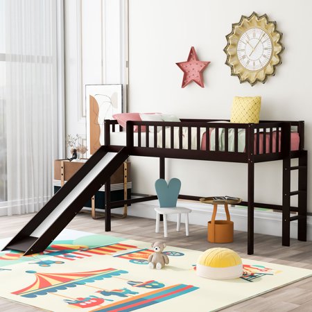 Hassch Twin Size Low Loft Bed with Ladder and Slide  Espresso