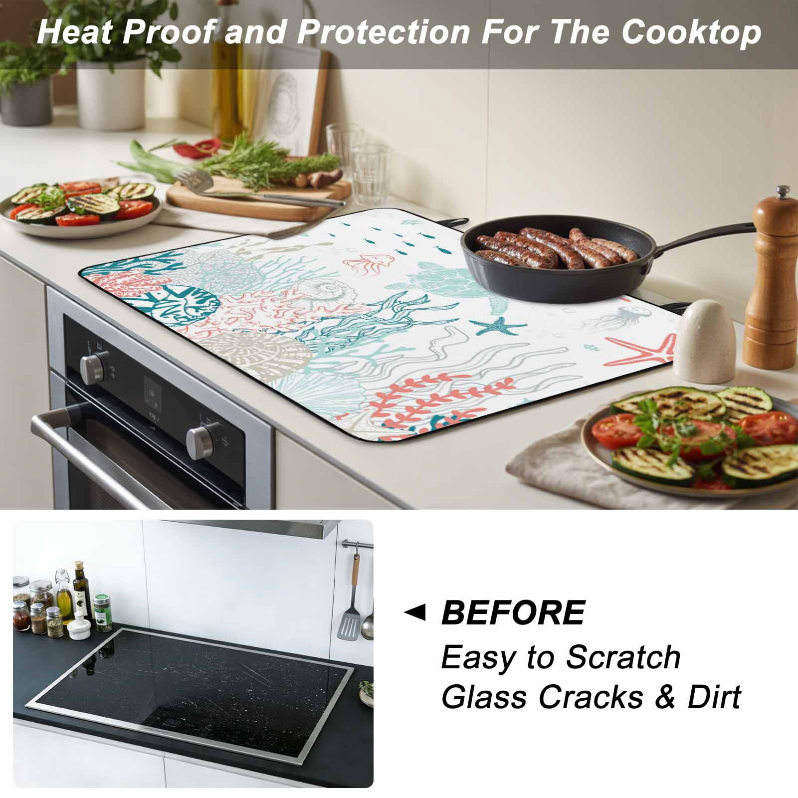 Coastal Turtle Stove Top Cover for Electric Stove, Heat-proof & Non Slip Glass Top Stove Cover Protector, Teal Green Ocean Coral Starfish Jellyfish Kitchen Flat Cooktop Rubber Mat 28.5x20.5 Inches