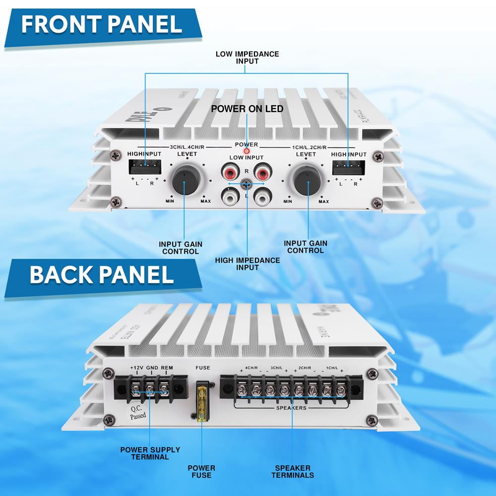 Pyle Hydra Marine Amplifier - Upgraded Elite Series 400 Watt 4 Channel Audio Amplifier - Waterproof, Dual MOSFET Power Supply, GAIN Level Controls, RCA Stereo Input & LED Indicator - PLMRA402
