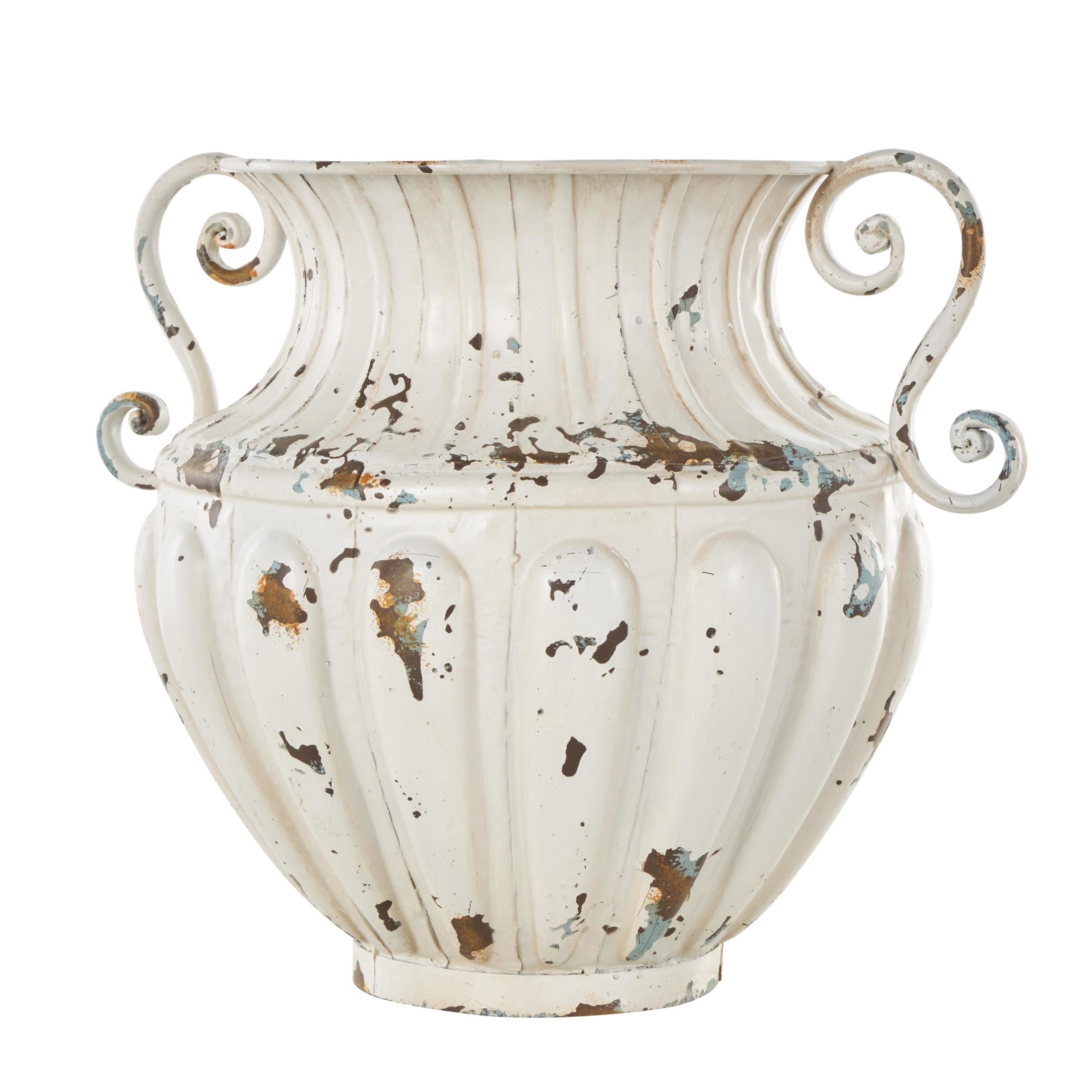 DecMode 10" Scroll Vintage Amphora Cream Metal Vase with Brown and Teal Distressing and Scroll Handles