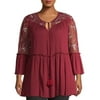 Romantic Gypsy Women's Plus Size Long Sleeve Lace Trim Peasant Top