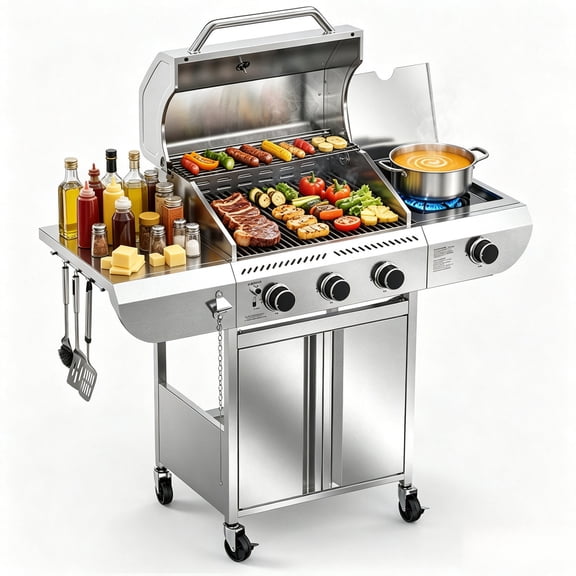 KNDKO 3-Burner Propane Gas Grill with Side Burner, 34,000 BTU, 304 Stainless Steel, 489 Sq In Cooking Area, Lid Thermometer, Dual Brake Wheels, Outdoor BBQ