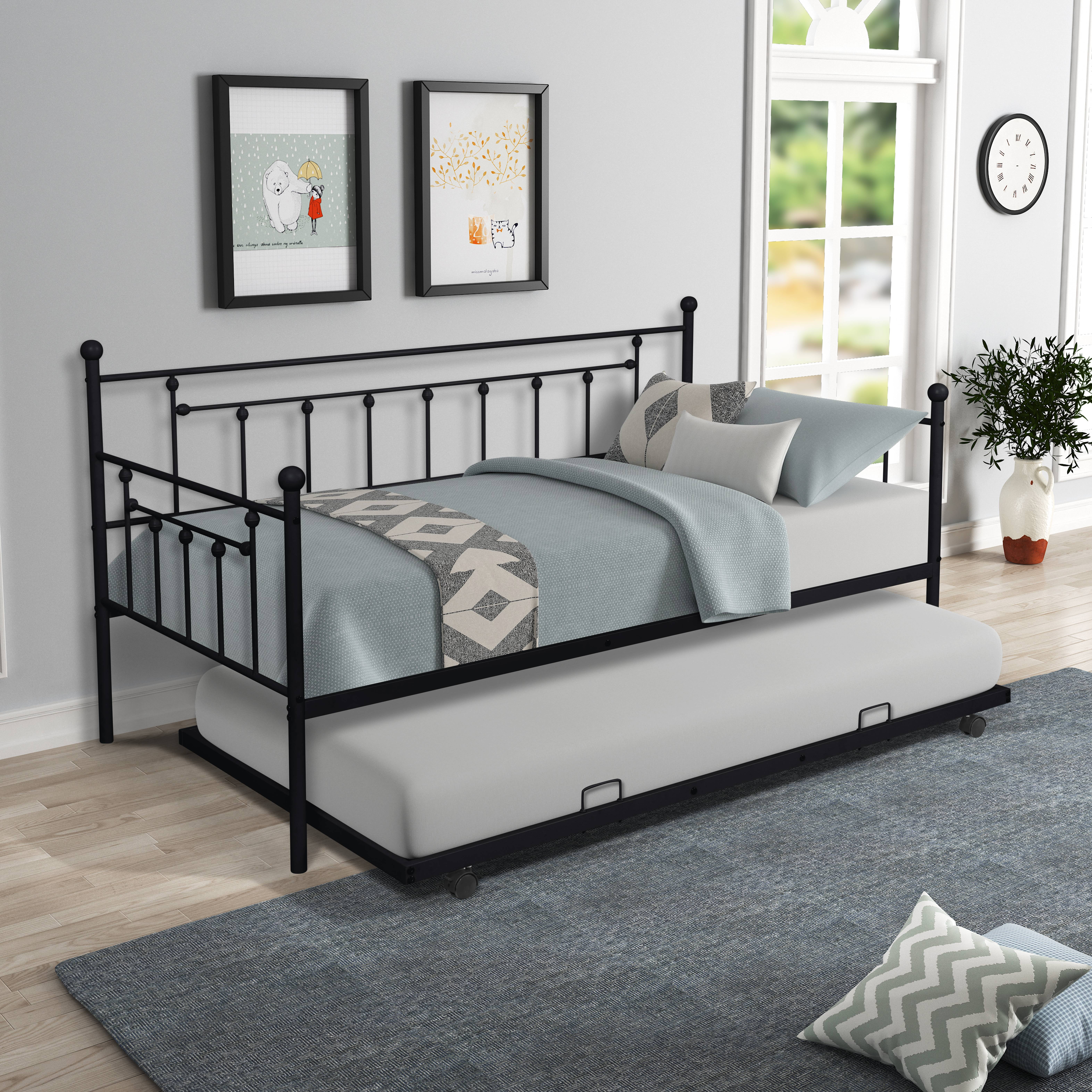 How much space do you need for a trundle bed Twin Daybed With Trundle Metal Twin Size Bed Frame Kids Bed With Pullout Trundle Steel Slat Support Twin Daybed And Roll Out Trundle Bed Frame For Kids Teens Adults No Box Spring
