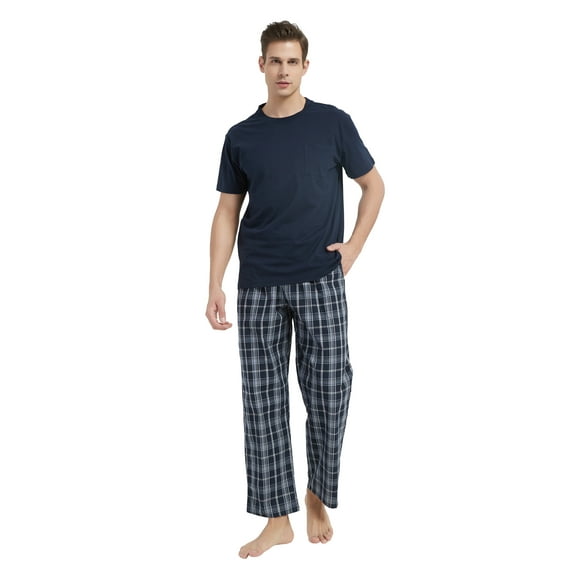 Men Cotton Pajama For Men Lightweight Plaid Soft Nightwear Short Sleeves PJS With Pockets
