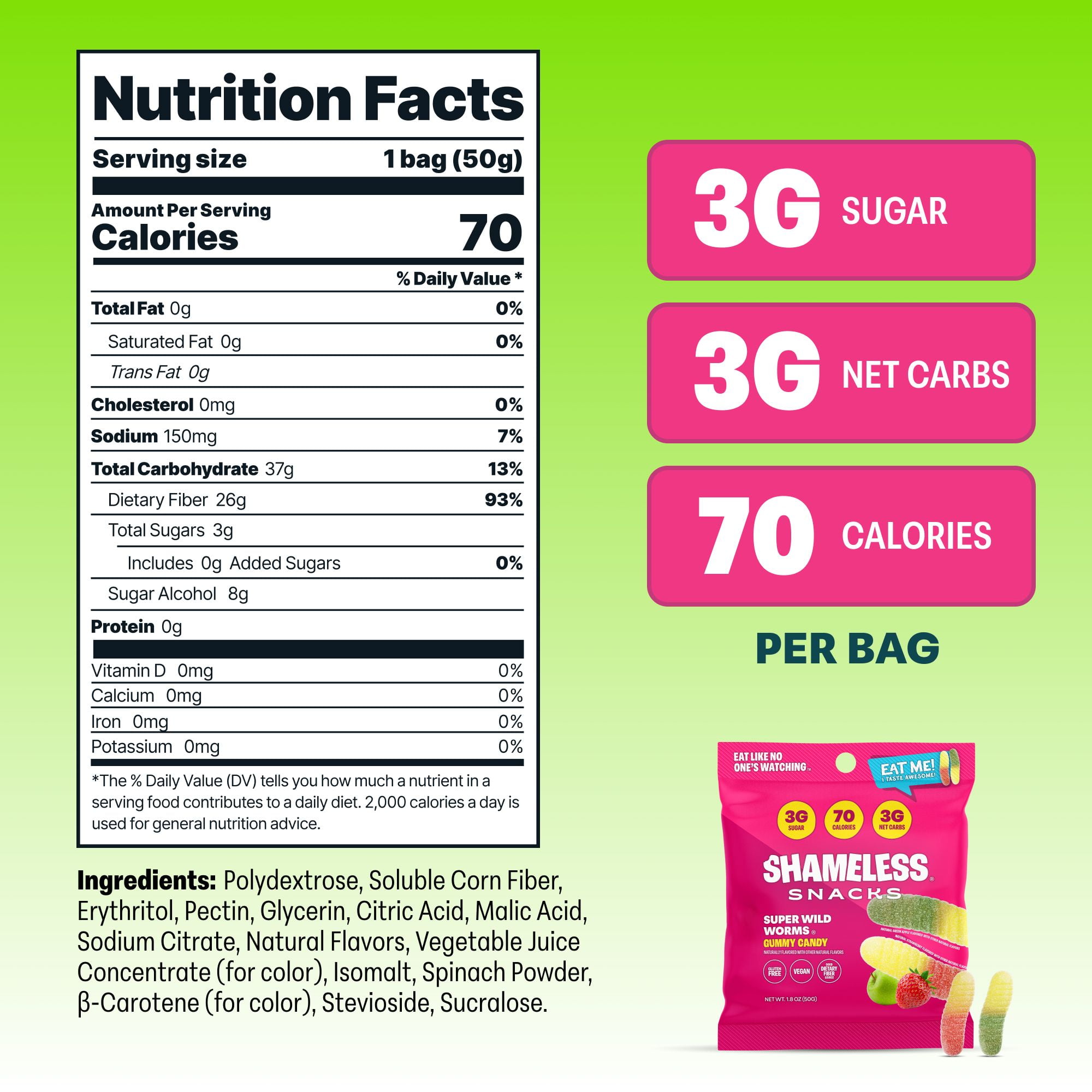 Shameless Snacks - Low Calorie Snacks, Low Carb Keto Gummies (Gluten Free & Non GMO Candy) - 6 Pack Wild Worms