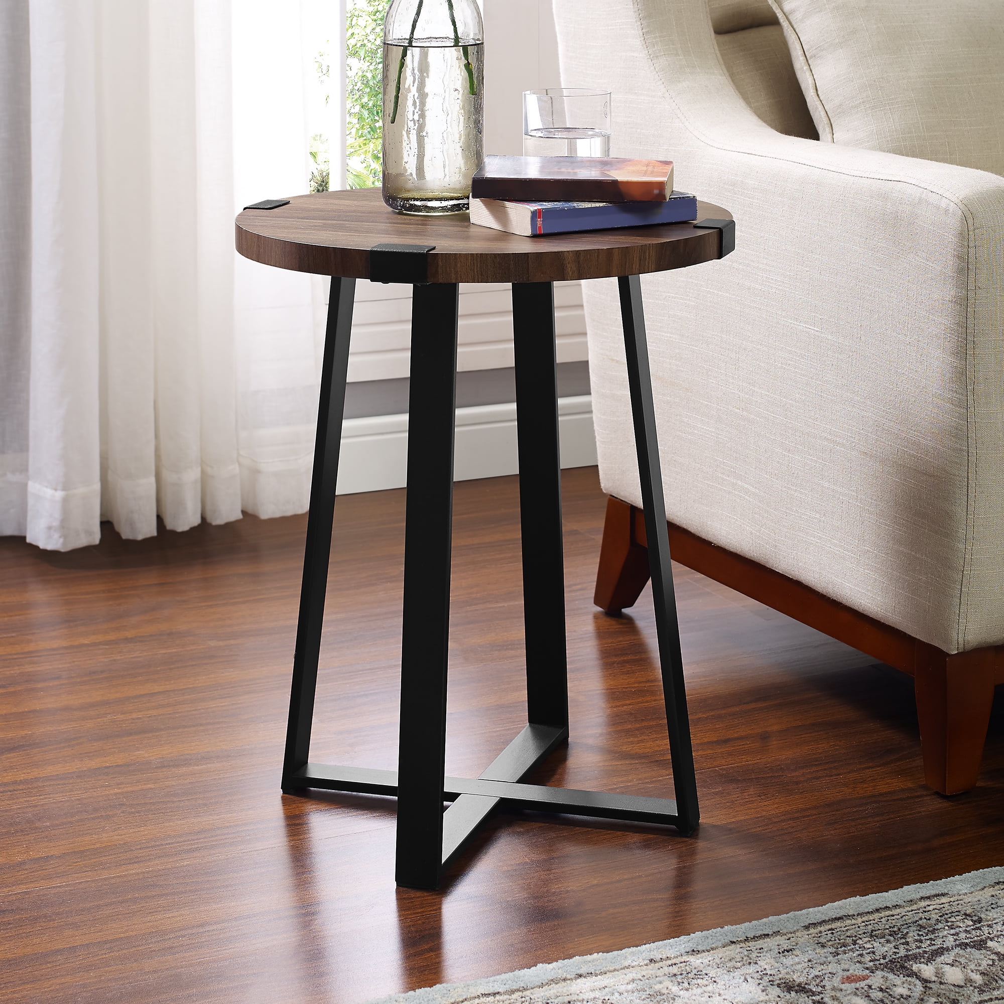 Rustic Wood and Metal Round Dark Walnut End Table by Manor Park, Walnut