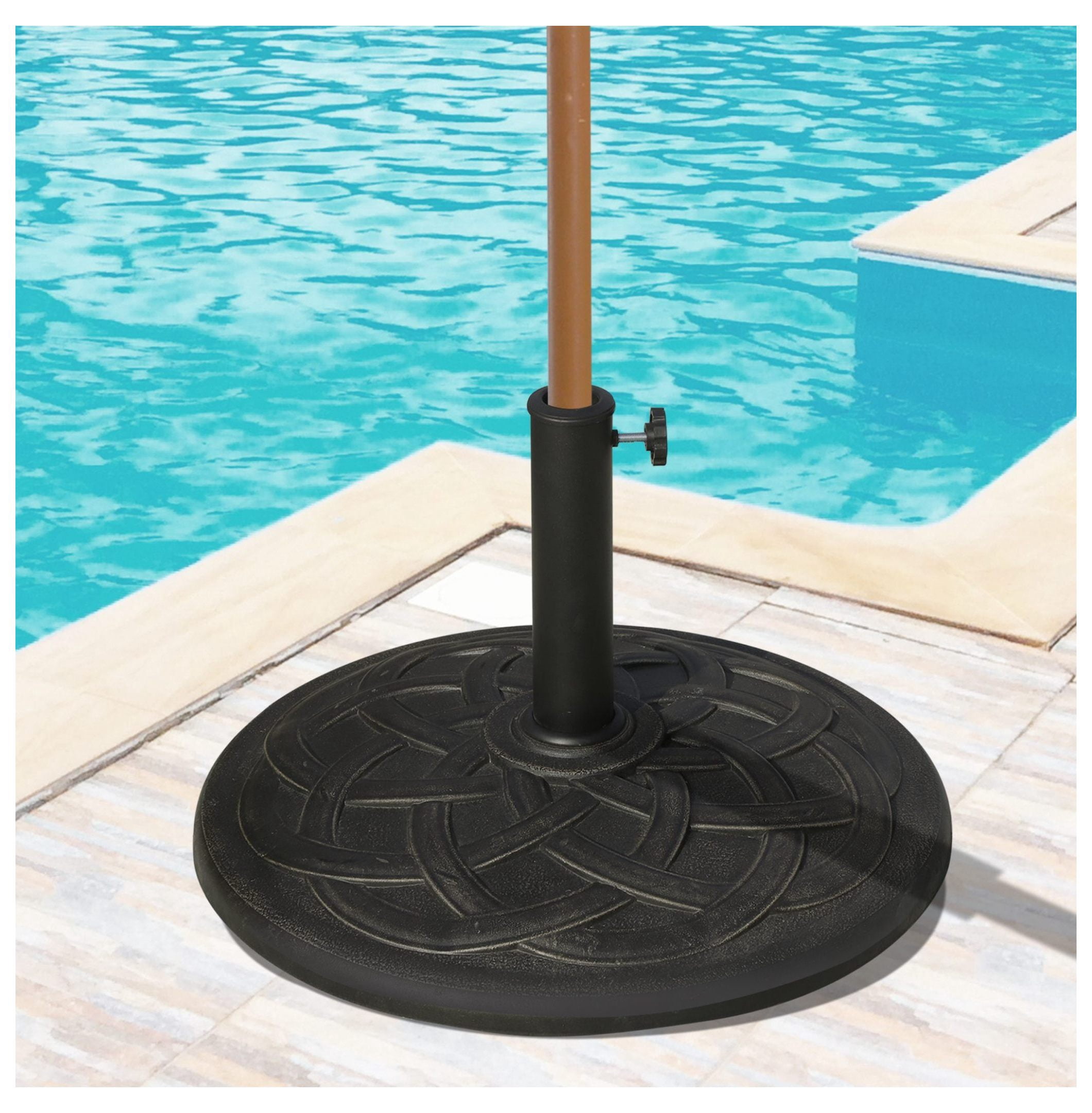 22" 42 lbs Round Resin Umbrella Base Stand Parasol Holder with Beautiful Decorative Pattern & Easy Setup, for Φ1.5", Φ1.89" Pole, for Lawn, Deck, Backyard, Garden, Bronze