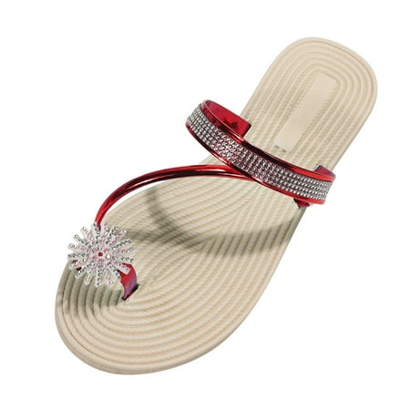 

ZIZOCWA Women Clip Toe Sandals Solid Color Rhinestone Flower Beach Flat Flip Flops Female Korean Fashion Pu Leather Sandals Sandalias Red Size8.5