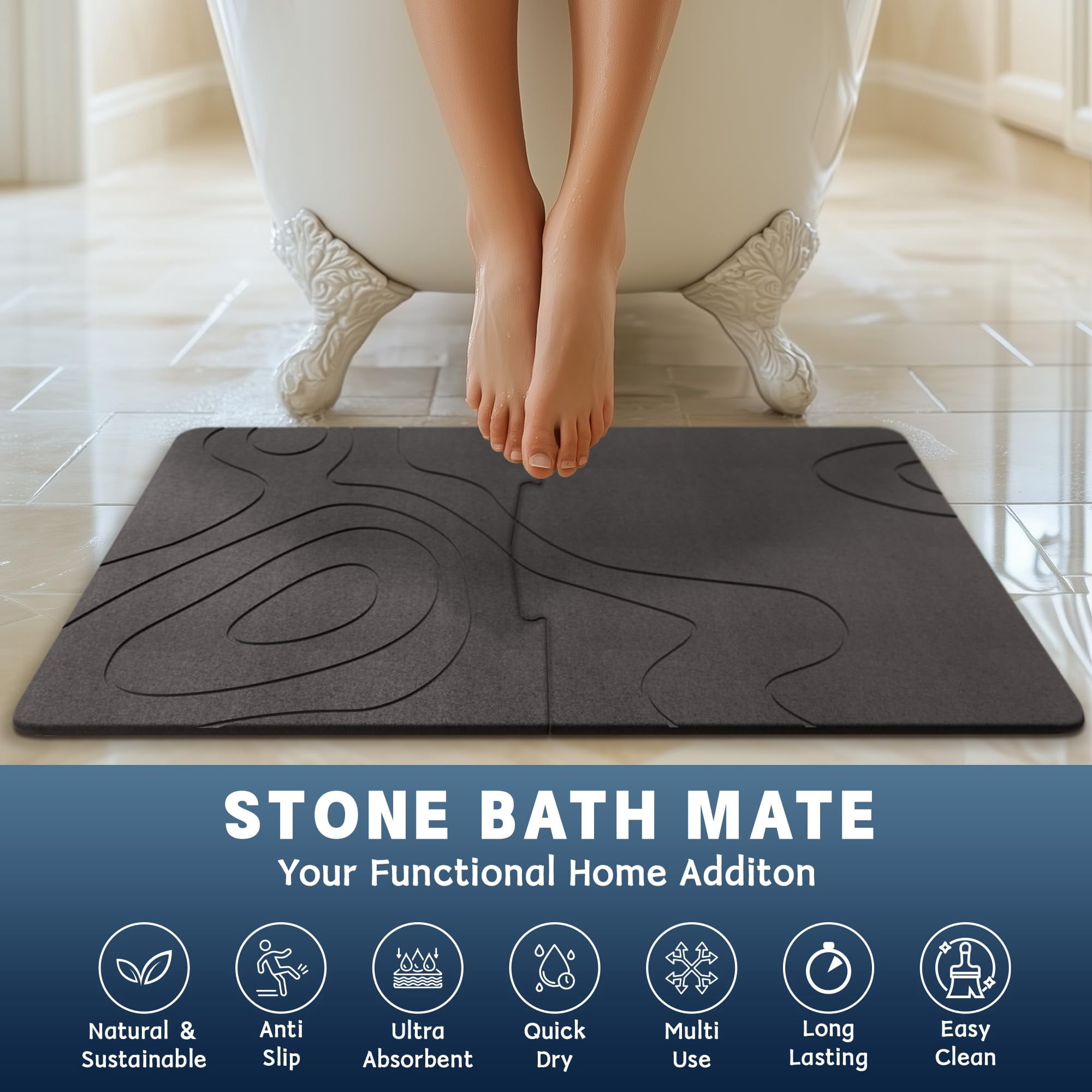 Large Stone Bath Mat, 32"x 20" Diatomaceous Earth Bath Mat for Bathroom, Quick Drying Long Bath Mat Stone Absorbing, Non-Slip Diatomite Hard Stone Shower Mat Instant Dry (Dark Grey)