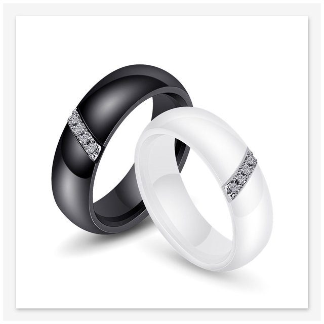 Crystal Inlaid Zircon Ring Ceramic Simple Style Women Couple Lover Rings Titanium Steel Rings Fashion Accessory Women Couple Engagement Jewelry White 9