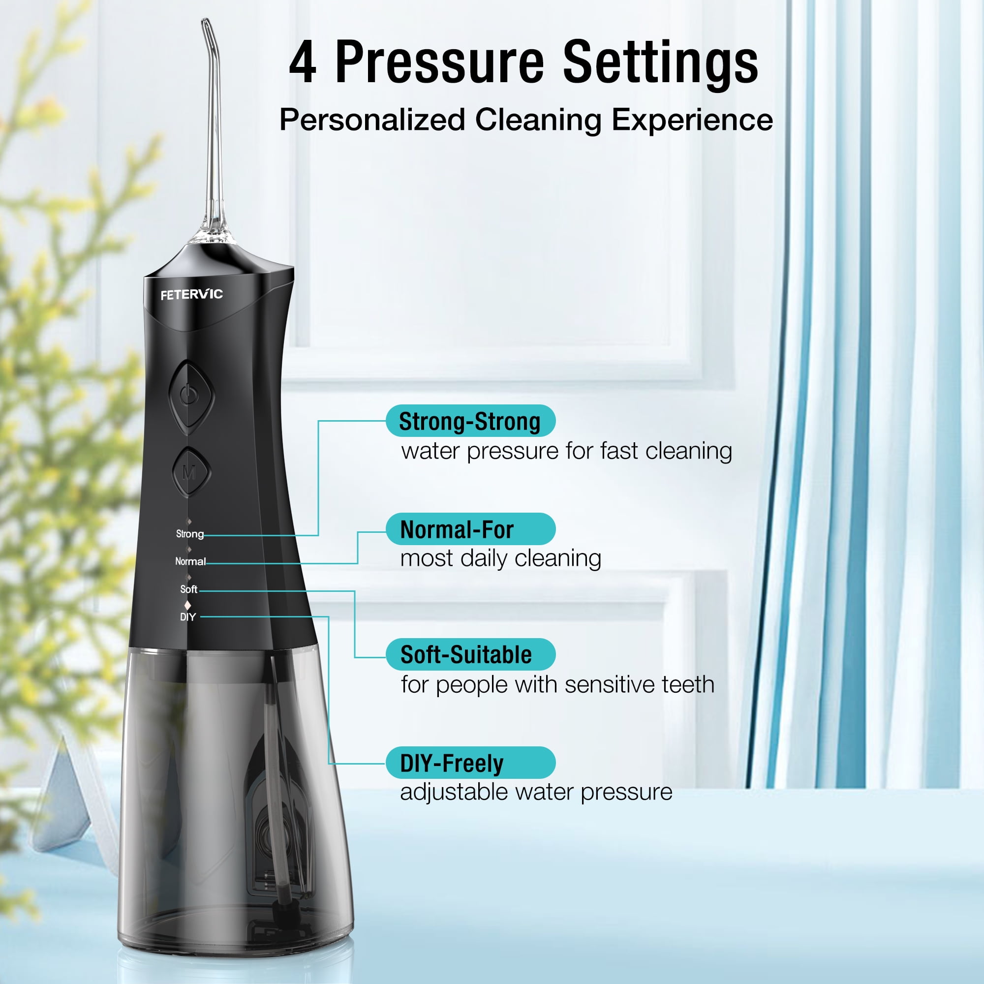 FETERVIC Cordless Water Flosser for Teeth – 350ml Large Tank, 4 Cleaning Modes, 8 Jet Tips, Rechargeable Dental Oral Irrigator for Braces, Implants, Travel & Home Use
