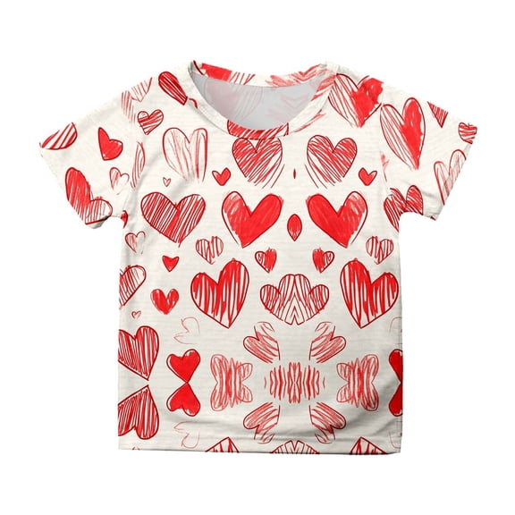 Likimi Valentine'S Day Children T Shirt Short Sleeve Hearts Print Crew Neck Top Breathable Shirt For Girls Size 3-4 Years White
