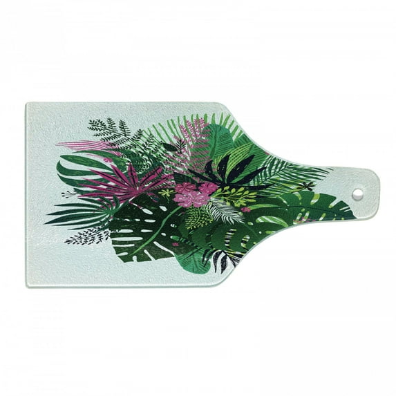 Philodendron Cutting Board, Exotic Bouquet of Tropical Plants Leaves and Flowers on Plain Backdrop, Decorative Tempered Glass Cutting and Serving Board, in 3 Sizes, by Ambesonne