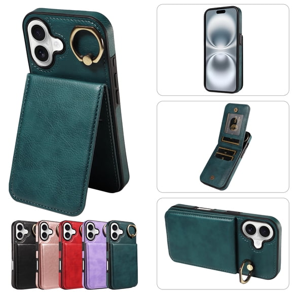 For iPhone 17 Wallet Case with Card Holder, 360° Rotation Ring Kickstand RFID Blocking PU Leather Back Flip Kickstand Magnetic Clasp Shockproof Cover for Women Men Girls,Green
