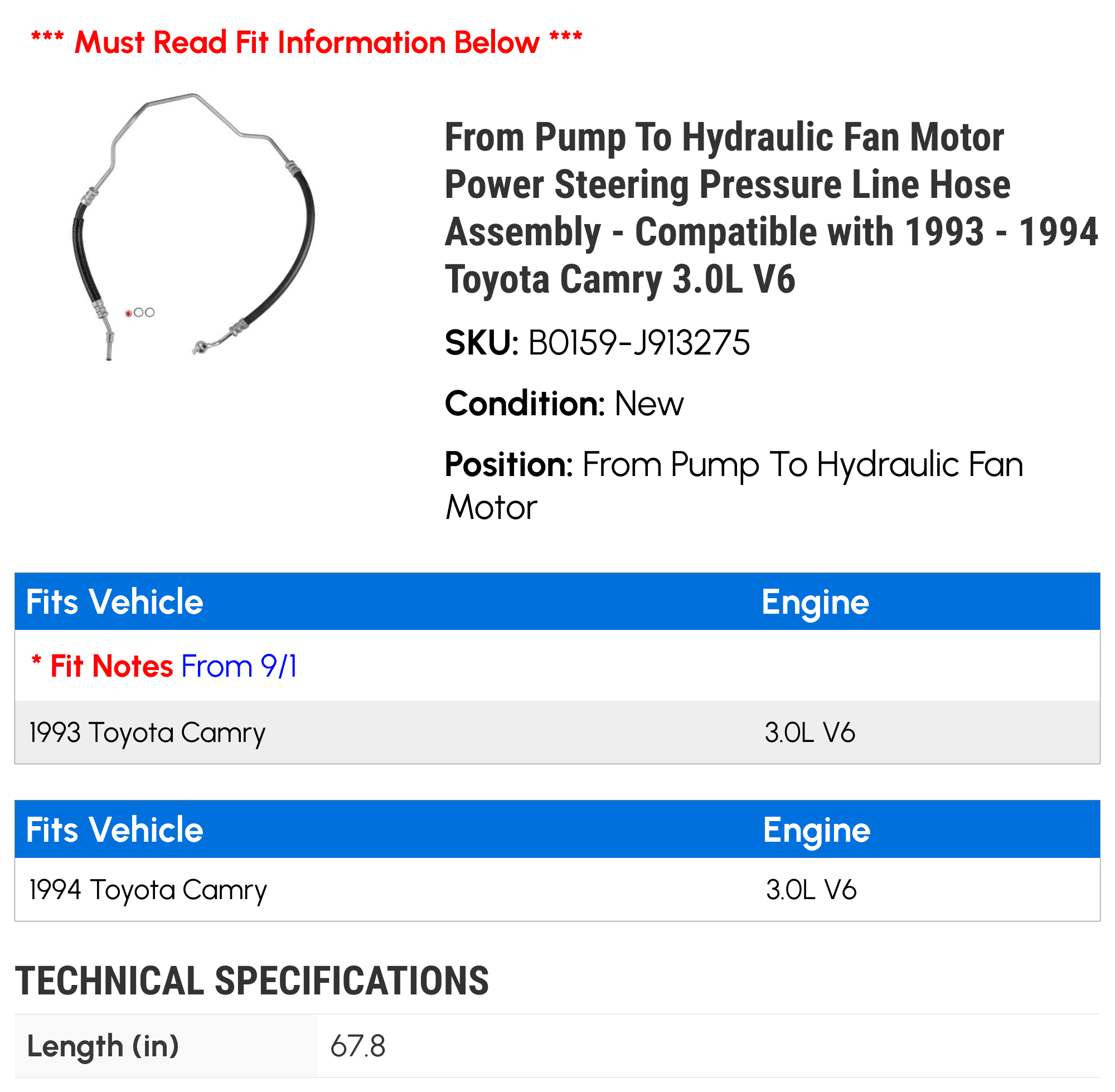 From Pump To Hydraulic Fan Motor Power Steering Pressure Line Hose Assembly - Compatible with 1993 - 1994 Toyota Camry 3.0L V6