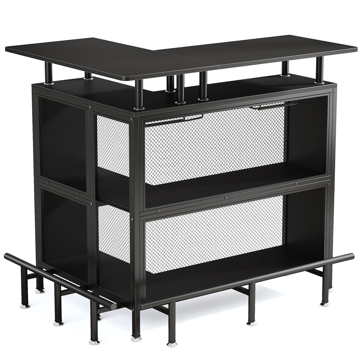 Demi Bonn 47" L-Shaped Home Bar Unit, Liquor Bar Table Cabinets with Glasses Holders & Shelves, Pub Tables for Kitchen, Dining Room, Black