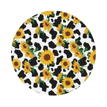 

Coaee Cute Cow Print Sunflower A Print Leather Coasters Set of 6 Non-Slip Washable Cup Coasters for Home Office Bar Round Shape