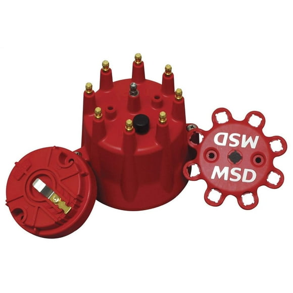 MSD Ignition Distributor Cap and Rotor Kit 84335 For Use With MSD Pro-Billet Distributors; With Wire Retainer; Bolt Down; HEI Style Posts; Red