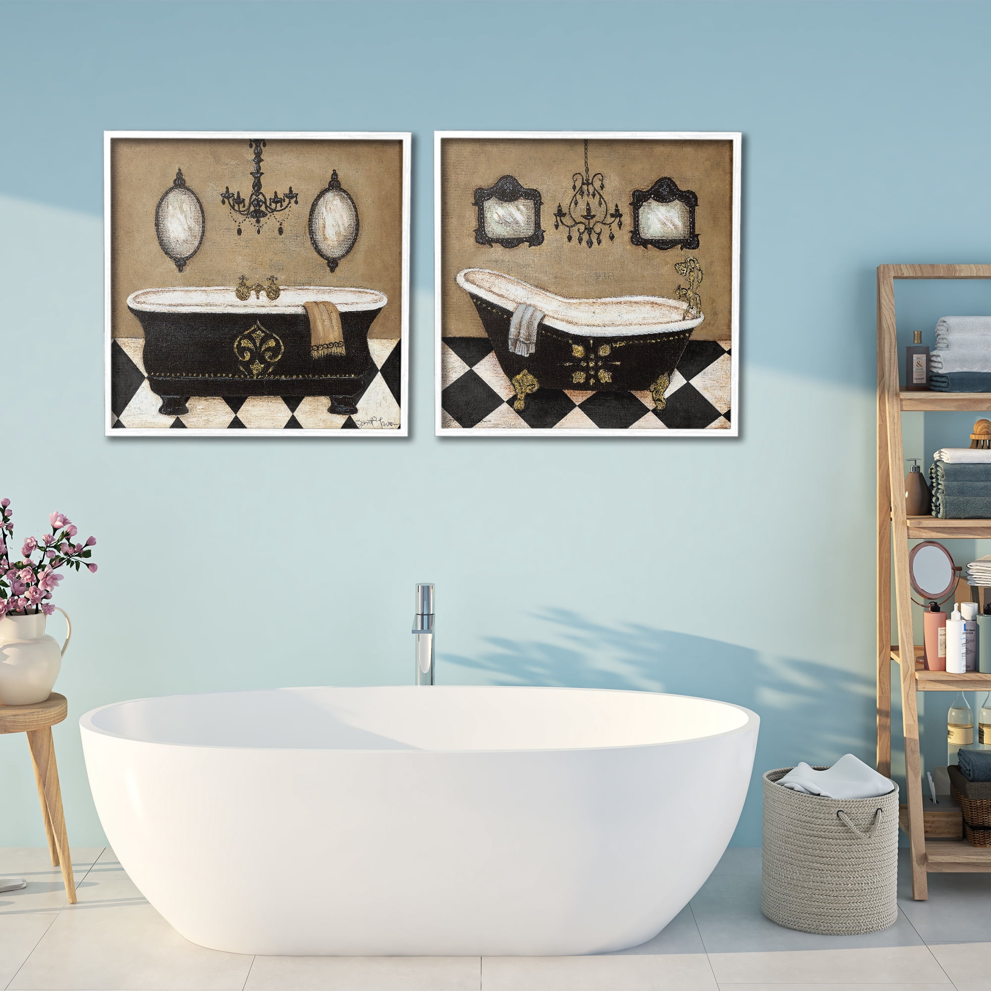 Stupell Industries Elegant Bathroom with Chandeliers 2 Piece White Framed Giclee Art Set, design by Janet Tava