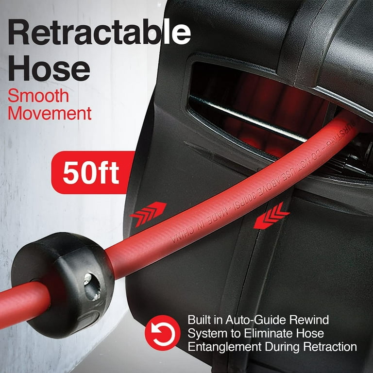 ReelWorks Air Hose Reel - Retractable 3/8 x 50' with 3' Lead-In Hose &  1/4 NPT Connections - Mountable 