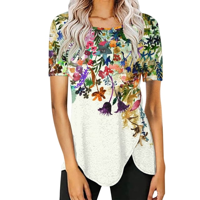 Camisetas de verano para mujer, blusa holgada con estampado Floral, cuello redondo, dobladillo irregular, camisetas casuales de manga corta con gráficos Pompotops hkajfhjk464180