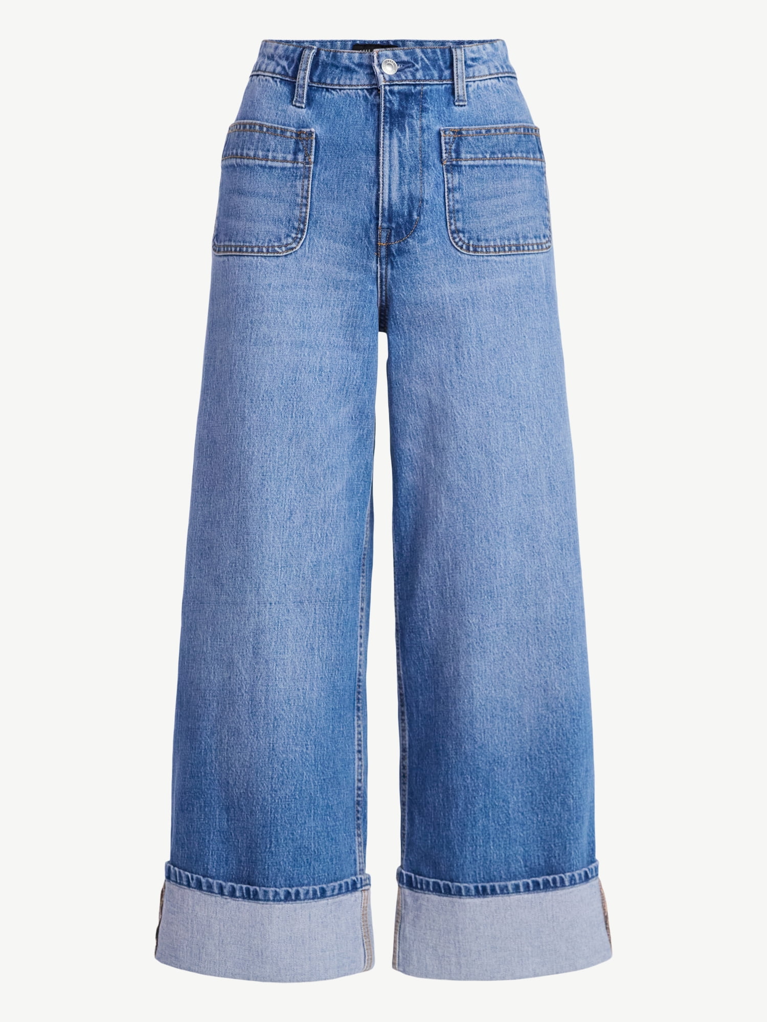 Free Assembly Women’s High Rise Cuffed Jean Pants with Patch Pockets, 30" Inseam, Sizes 0-28W