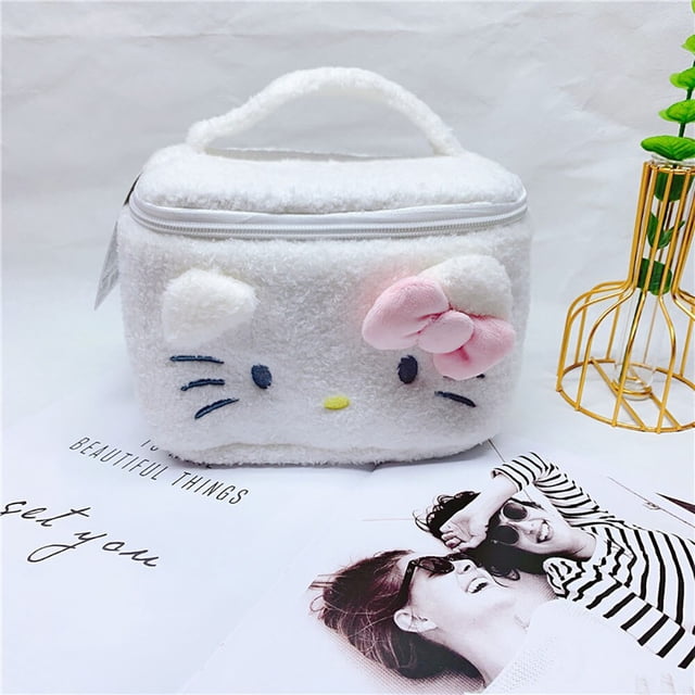 Bolsa de maquillaje de felpa Sanrioed Kawaii, Hello Kitty Melody Cinnamonroll, bolsas de cosméticos de felpa, bolso de almacenamiento de viaje, regalos para mujeres y niñas
