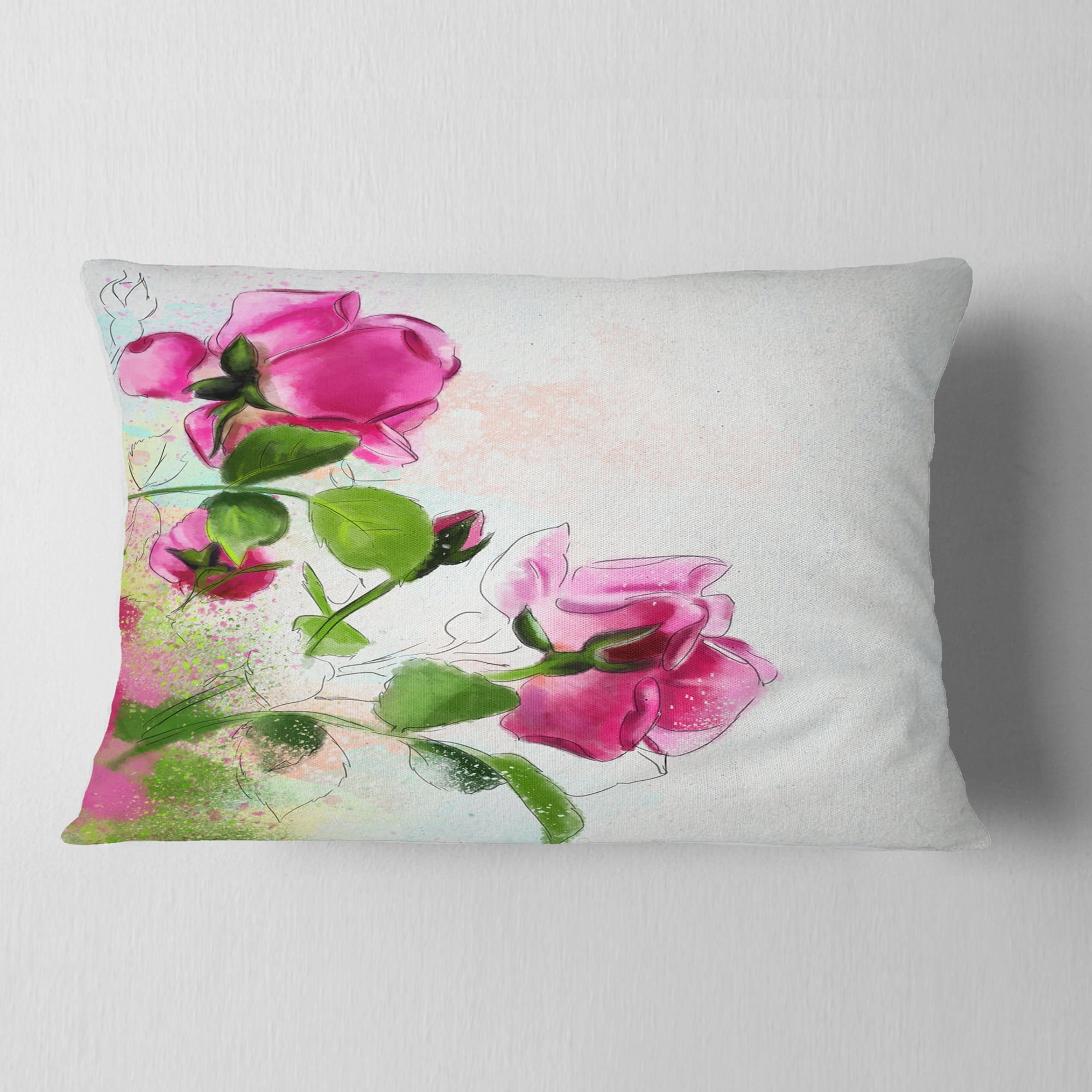 Designart Purple Roses with Green Leaves - Floral Throw Pillow - 12x20