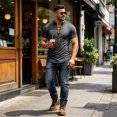 thumbnail image 6 of Mens Lace Up Tshirt Short Sleeve V Neck Casual Summer Beach Vacation Top Dark Gray L, 6 of 8