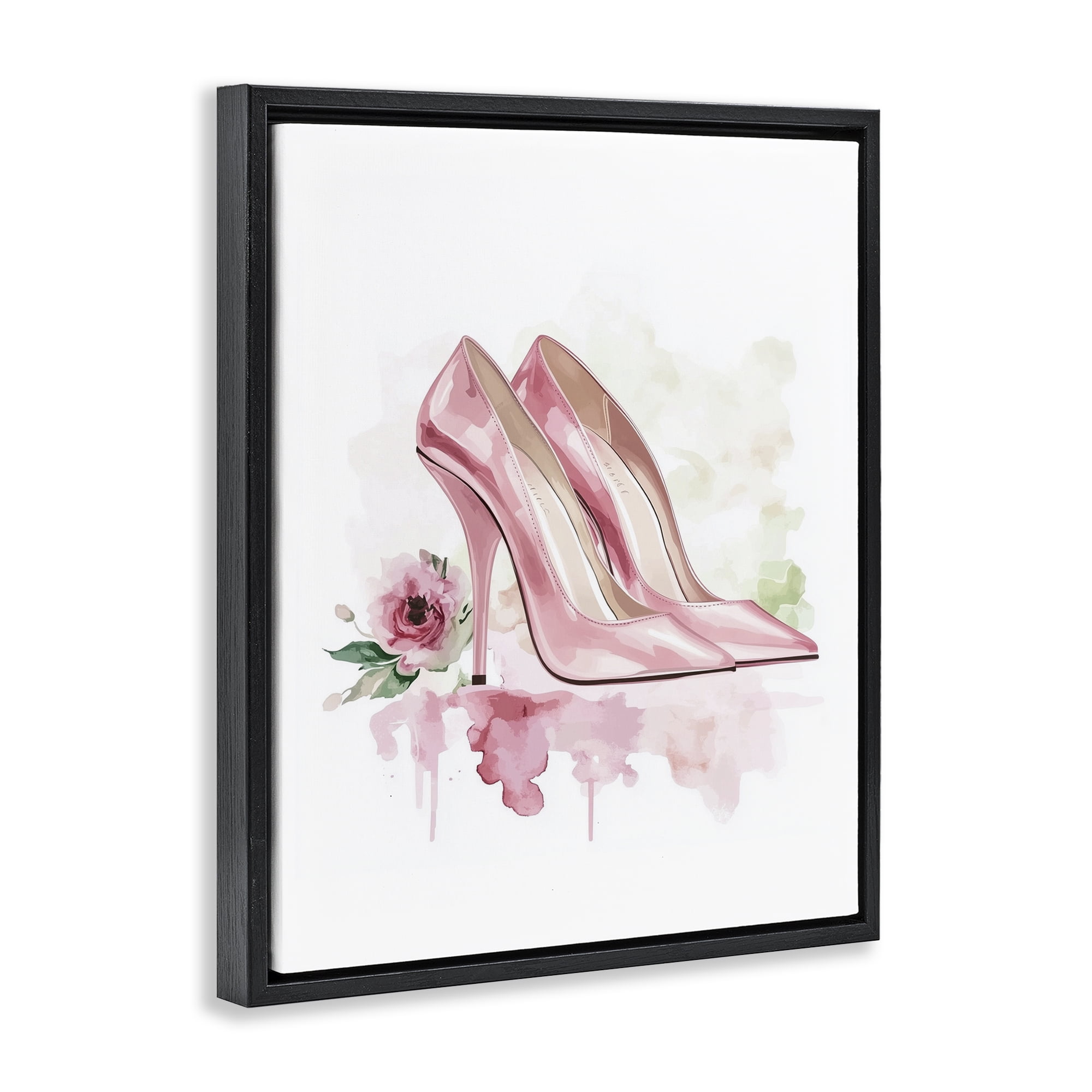 Rosy Pastel Heels Black Framed Floater Canvas Wall Art, design by Christine Simpson Art