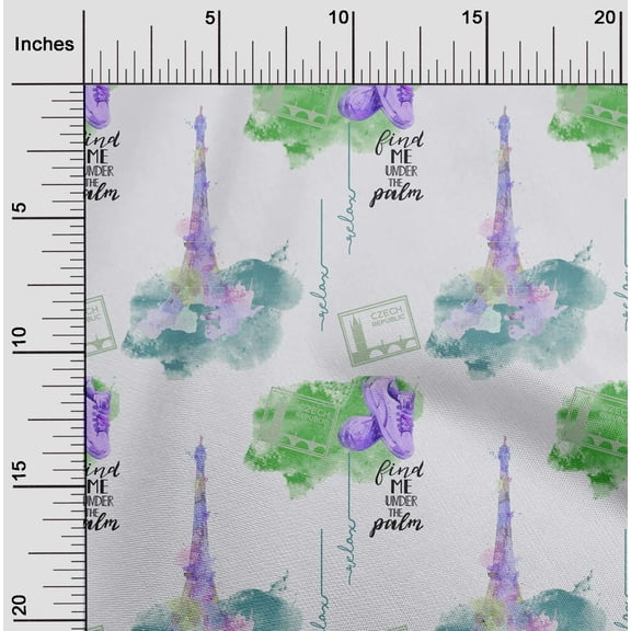 oneOone Georgette Viscose Dusty Teal Blue Fabric Text|Shoes & Eiffel Tower Travel Dress Material Fabric Print Fabric By The Yard 42 Inch Wide