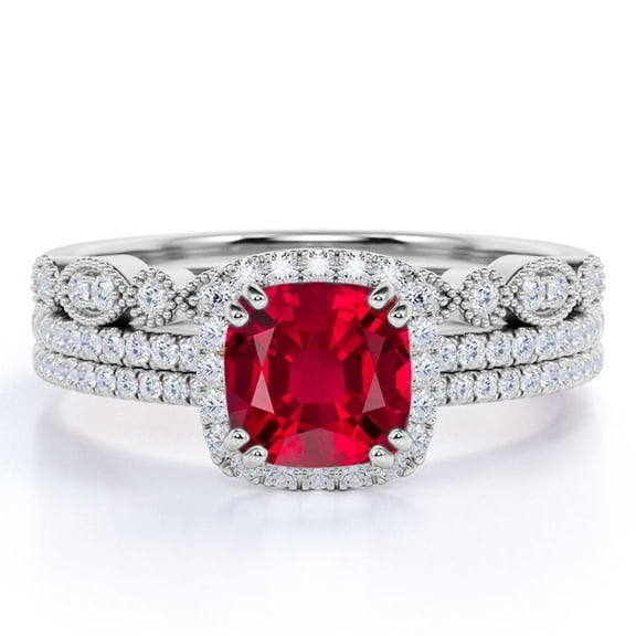 JeenMata 2.25 Carat Cushion Cut Burmese Pigeon Blood Lab Created Ruby Trio Set in 18k White Gold over Silver