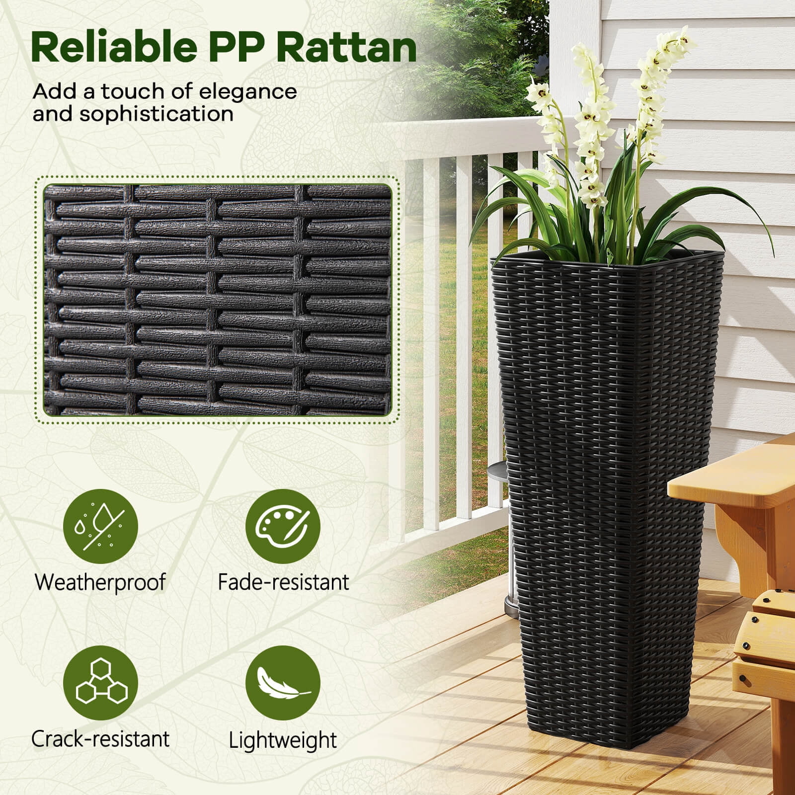 Costway Rattan Tall Planter Set of 2 with Removable Inner Trays, Drainage Holes for Garden Black