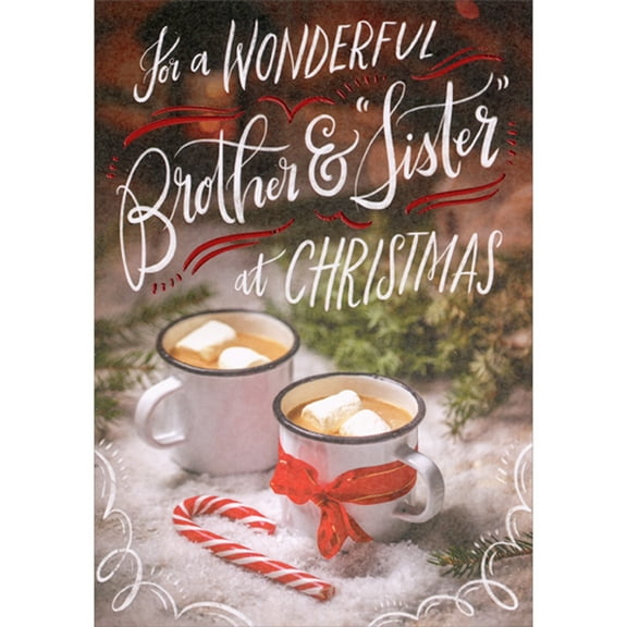 Designer Greetings Two White Mugs, Two Marshmallows, Ribbon and Candy Cane Christmas Card for Brother and 'Sister'