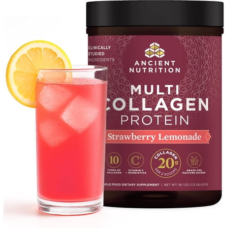 Ancient Nutrition Hydrolyzed Collagen Peptides Powder with Probiotics, Strawberry Lemonade Multi Collagen Protein for Women and Men with Vitamin C, 45 Servings, Supports Skin and Nails, Gut Health