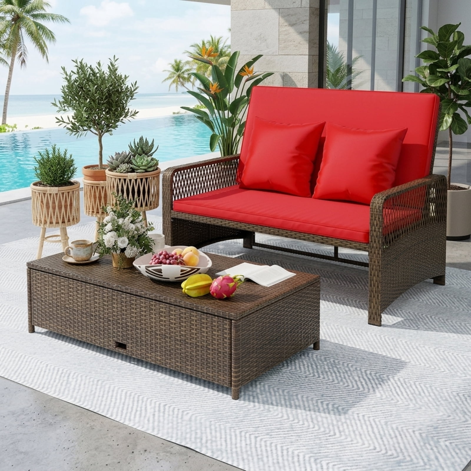 Furnibear Red Patio Wicker Daybed, 4-Position Reclining PE Rattan Loveseat with Storage Ottoman, Convertible Outdoor Sofa for Poolside, 800 LBS