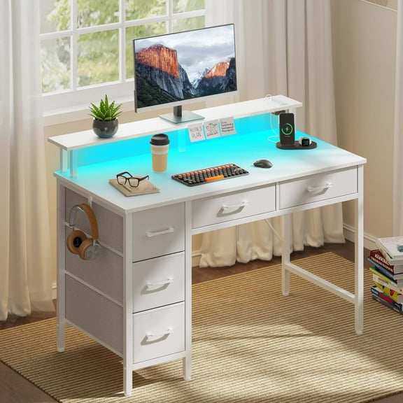 Greenstell 39" Gaming Computer Desk with LED Lights & Outlets,Home Office Table with Storage Drawer, White