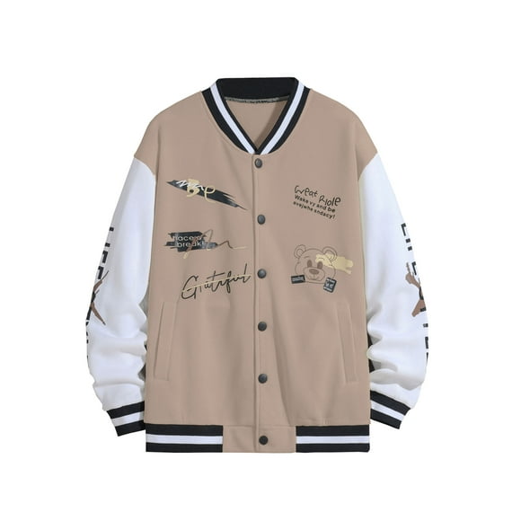 Wangscanis Men Baseball Jacket, Long Sleeve Button Closure Letters Bear Print Contrast Color Varsity Jacket Fall Casual Jacket