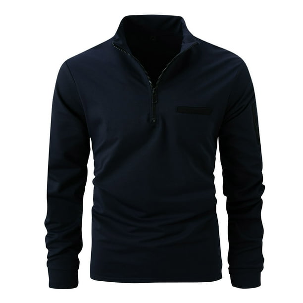 Blusa y camisa de manga larga con cuello vuelto para hombre, informal, de moda, con media cremallera y bolsillo.