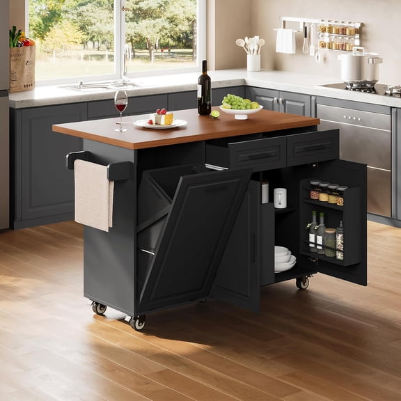 Mobile Kitchen Island with Trash Can Storage, Kitchen Island Cart on Wheels with Drop Leaf & Power Outlet, Towel Rack & Spice Rack, Large Rolling Island Table for Kitchen