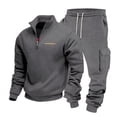 thumbnail image 6 of Men's Winter 2-Piece Set, Quarter-Zip Stand Collar Fleece Sweatshirt with Multi Pockets and Cargo Jogger Pants, Casual Workwear For Cold Weather,Dark Gray,L, 6 of 9