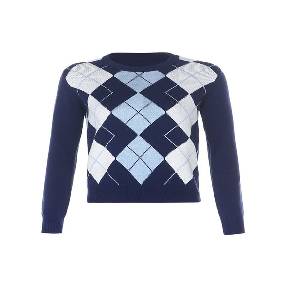 Women’s Long Sleeves Sweaters Geometric Argyle Crew Neck Loose Knit Pullovers
