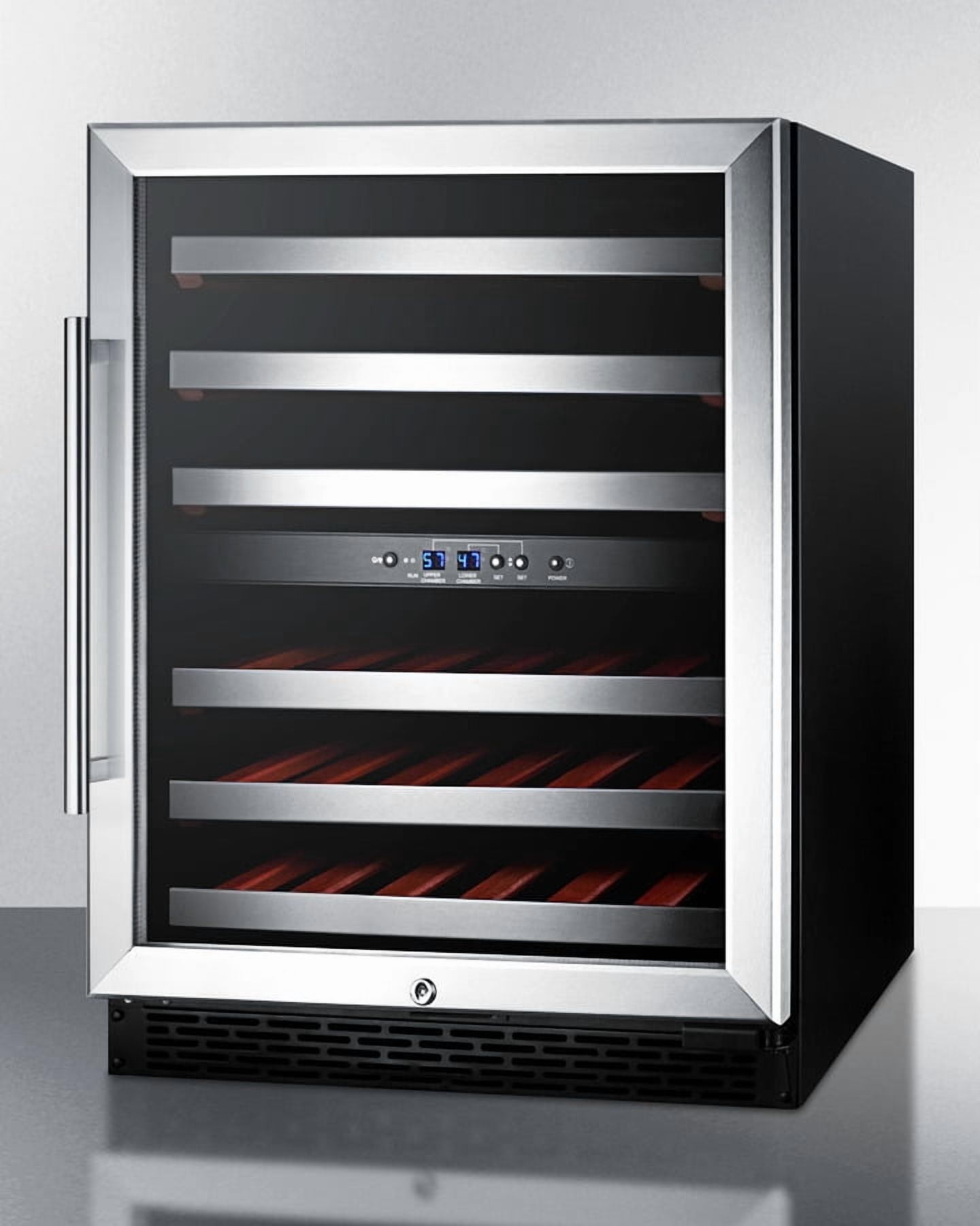 ADA compliant dual zone built-in wine cellar with digital thermostat, stainless steel trimmed shelves and black cabinet