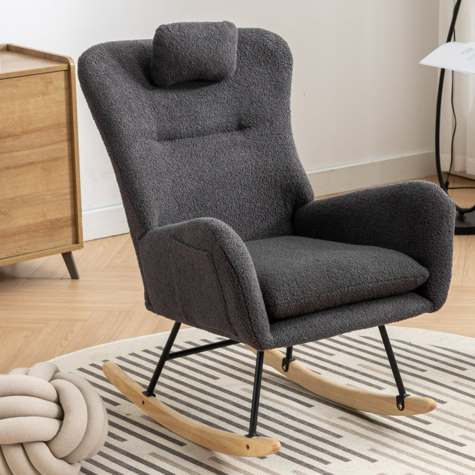 Leumius Nursery Rocking Chair, 35.5" Teddy Fabric Upholstered Glider Rocker with High Backrest, Modern Rocking Accent Chairs Comfy Side Chair for Nursery, Bedroom, Living Room,Dark Gray