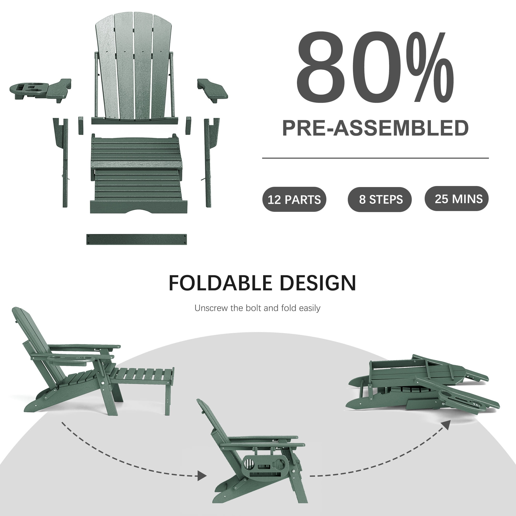 2PCS Folding Adirondack Chair with Ottoman, Adjustable Backrest Plastic HDPE Adirondack Chairs w/4 in 1 Cup Holder Tray, Dark Green