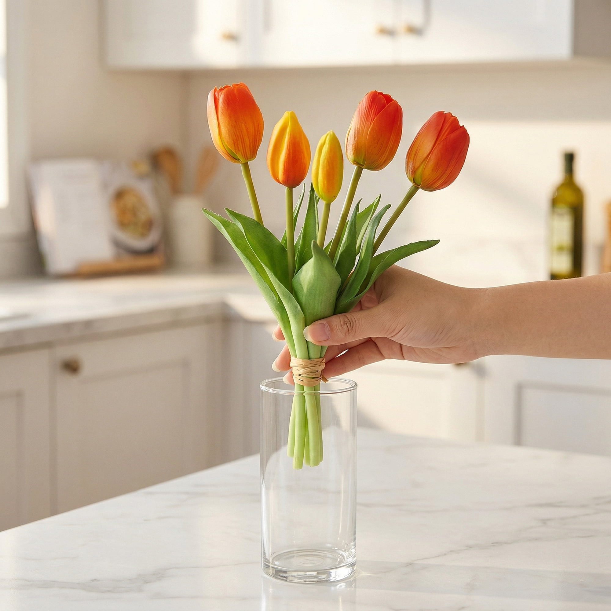 Unique Bargains 10Pcs Artificial Flowers Silk Tulips Mini Bouquet Orange Red 9.8"