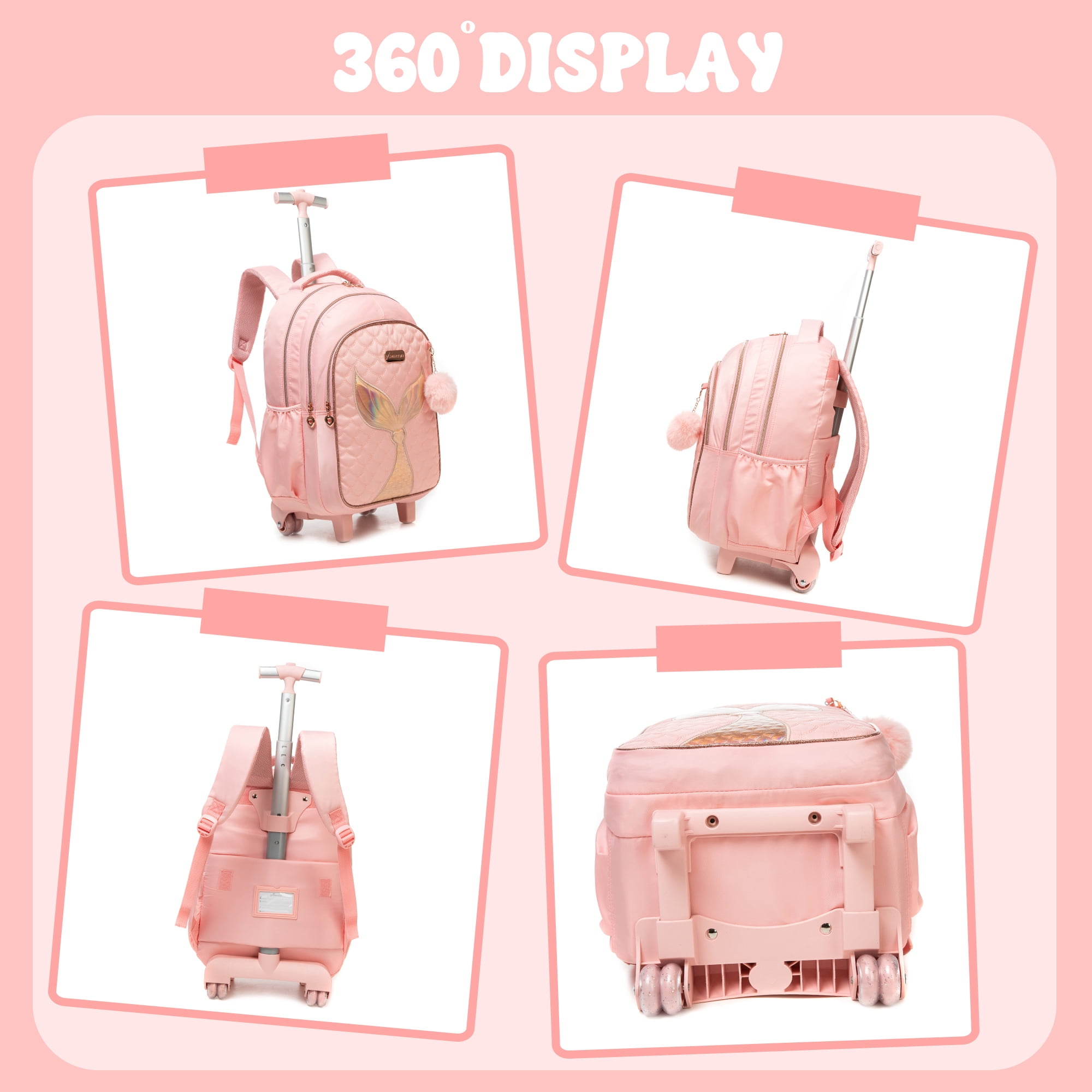 Pink Kids Rolling Backpacks for Girls Roller Backpack with Wheels Lunch Bag Pencil Case Wheeled School Bag for 8-10 Mermaid